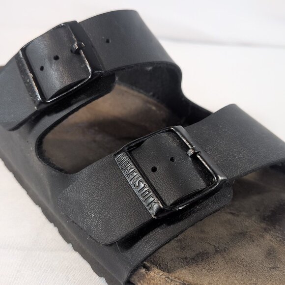 Birkenstock 41 Arizona Black Leather Sandals Pebbled Slip On 2 Strap Buckle 10 - Picture 9 of 16